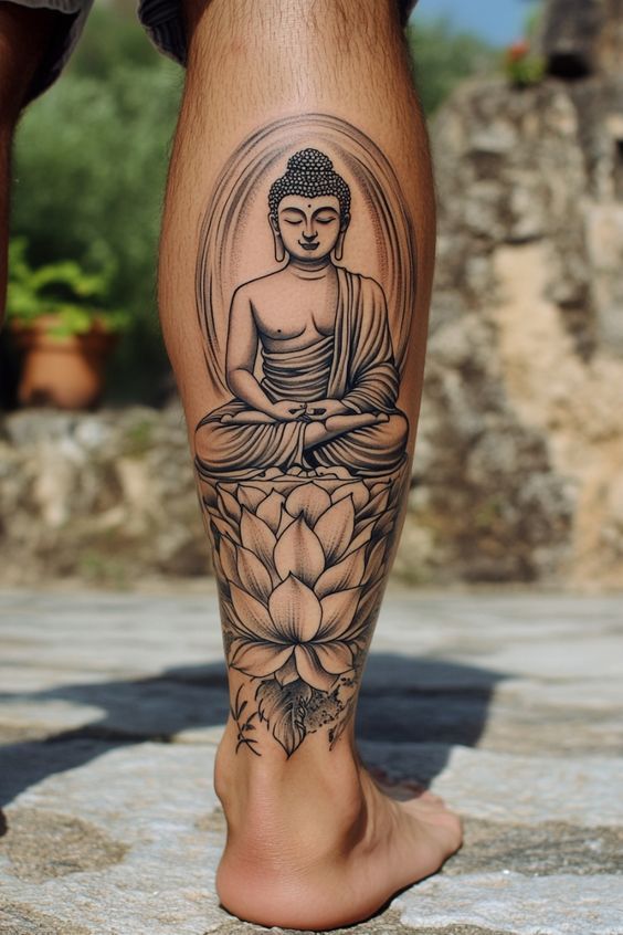 Tatouage bouddha à la jambe.