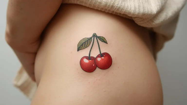 Tatouage cerise coloré sur la hanche d'une femme