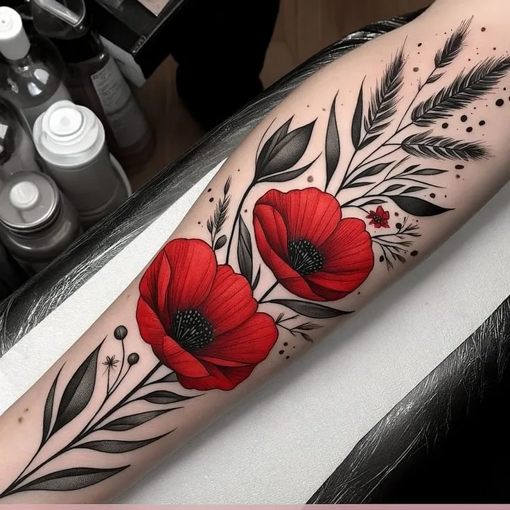 Tatouage coquelicot coloré sur le bras