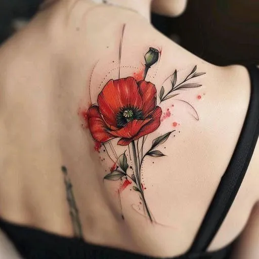 Tatouage coquelicot en rouge dans le dos, pour femme