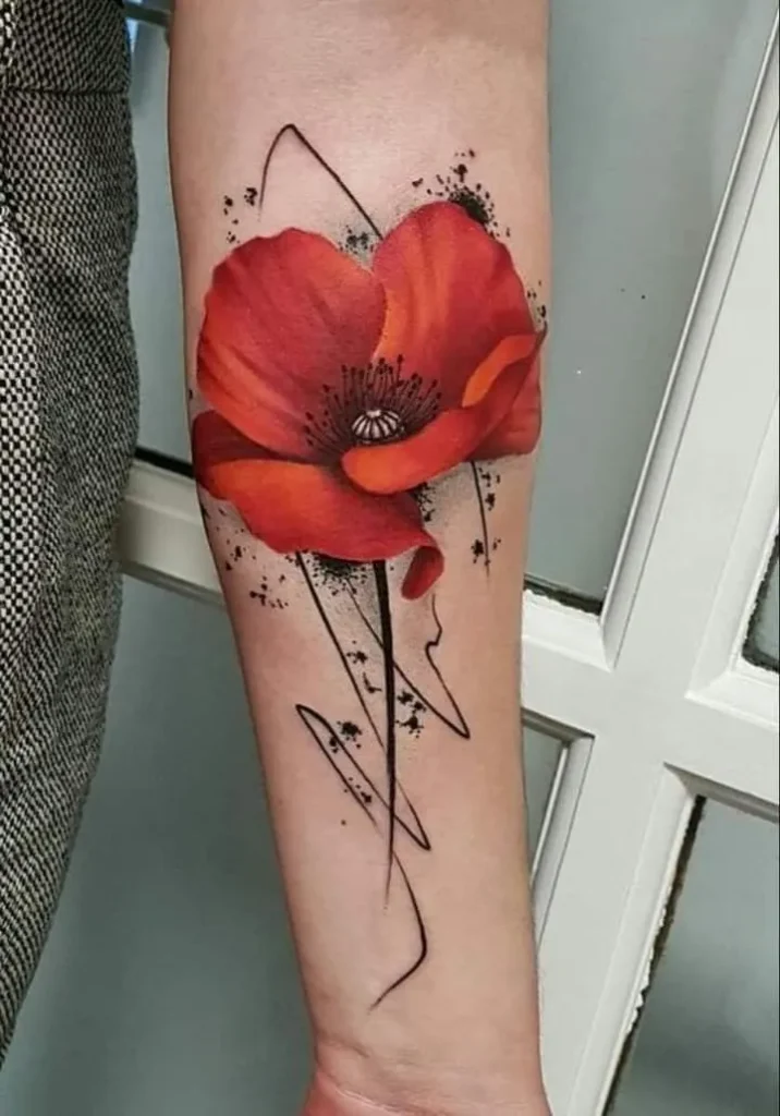 Tatouage coquelicot rouge avec des écritures en fond