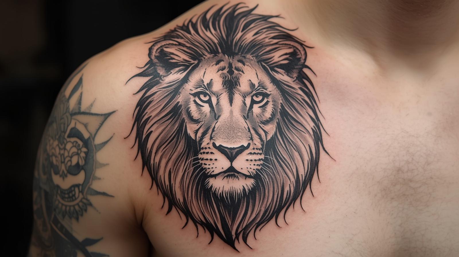 Tatouage lion sur épaule.