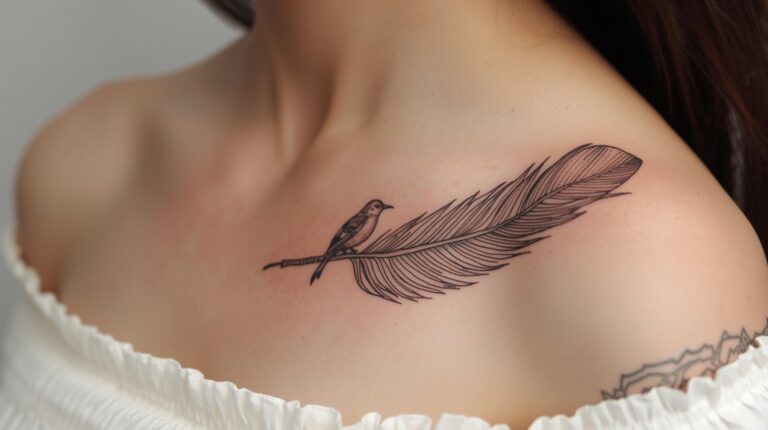 Tatouage plume sur la clavicule.