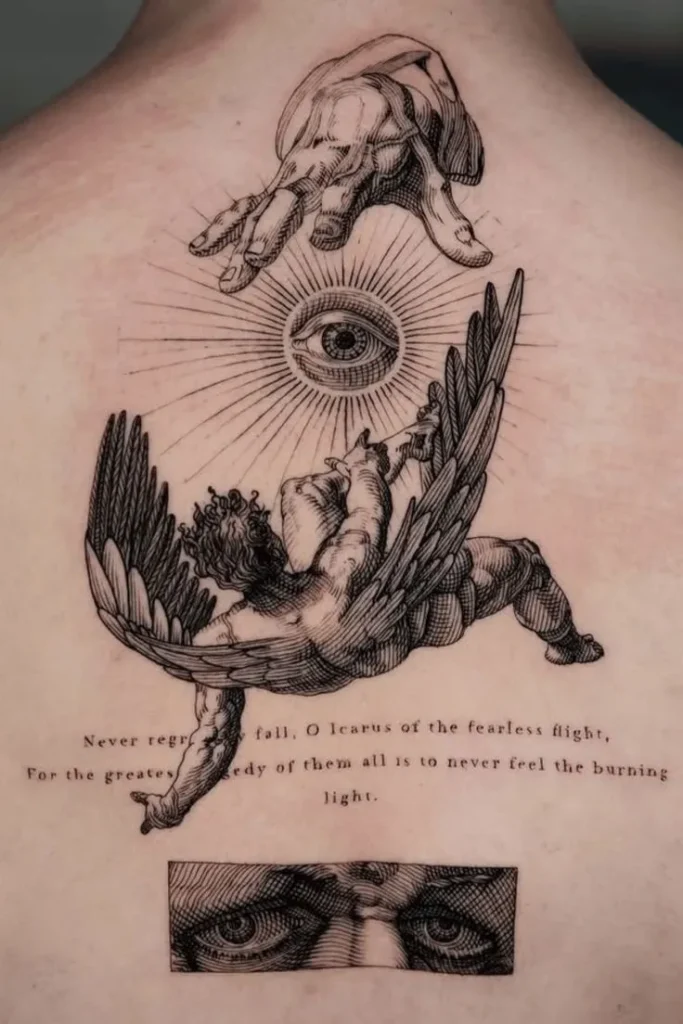 Tatouage d'un tombant dans le vide, une main essaye de le rattraper