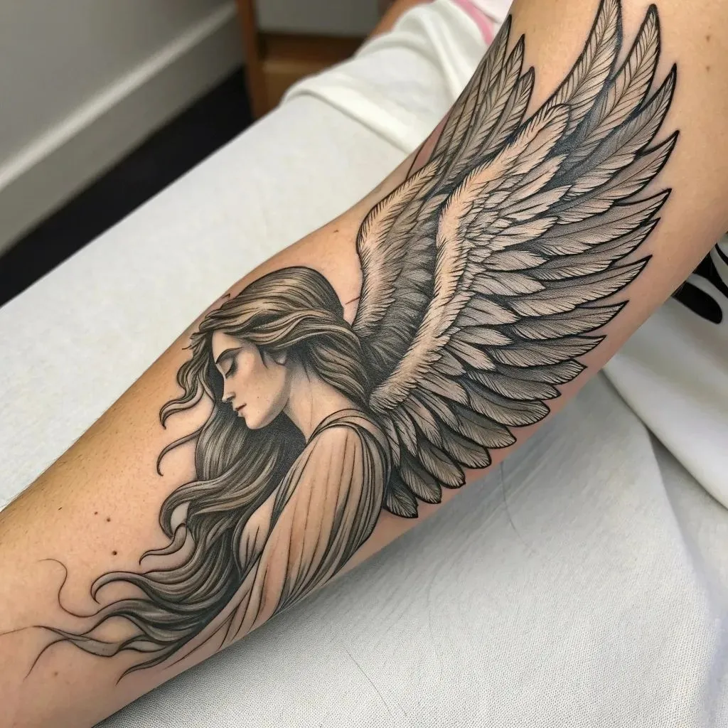 Tatouage d'un ange avec des ailes sur le bras d'une femme