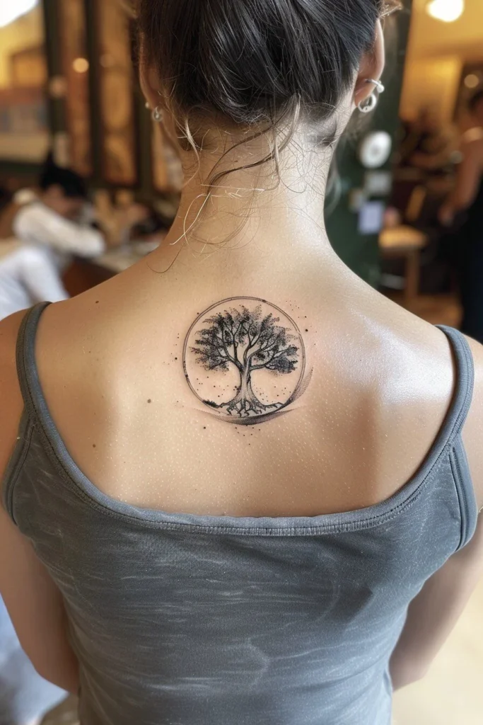 Tatouage miniature d'arbre dans le dos d'une femme