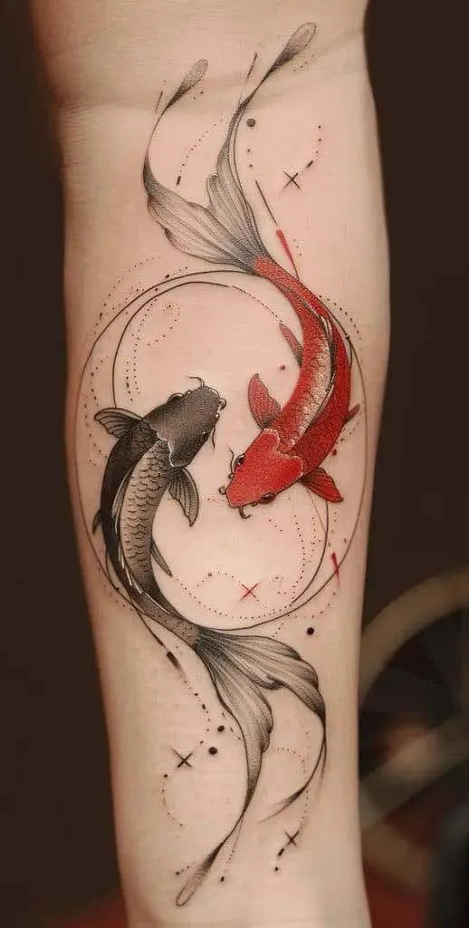 Tatouage de deux carpes koi se tournant autour, sur le bras d'une femme