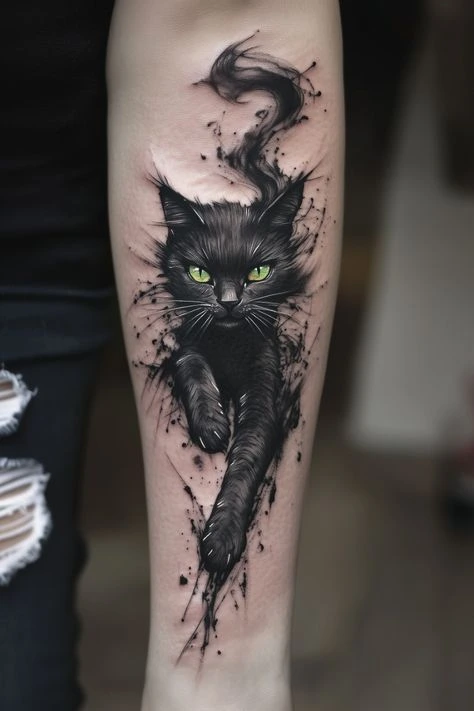 Tatouage chat noir réaliste