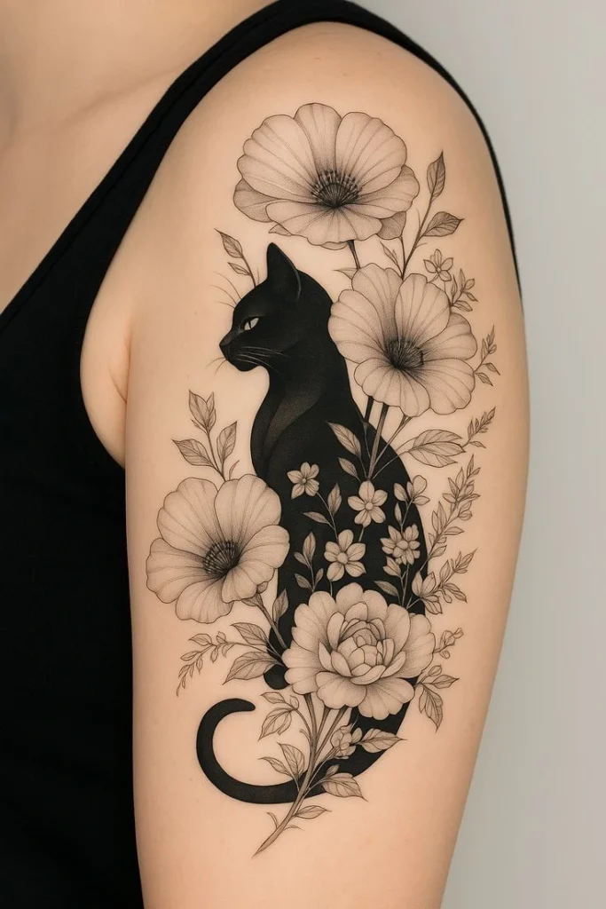 Tatouage chat sur l'épaule d'une femme
