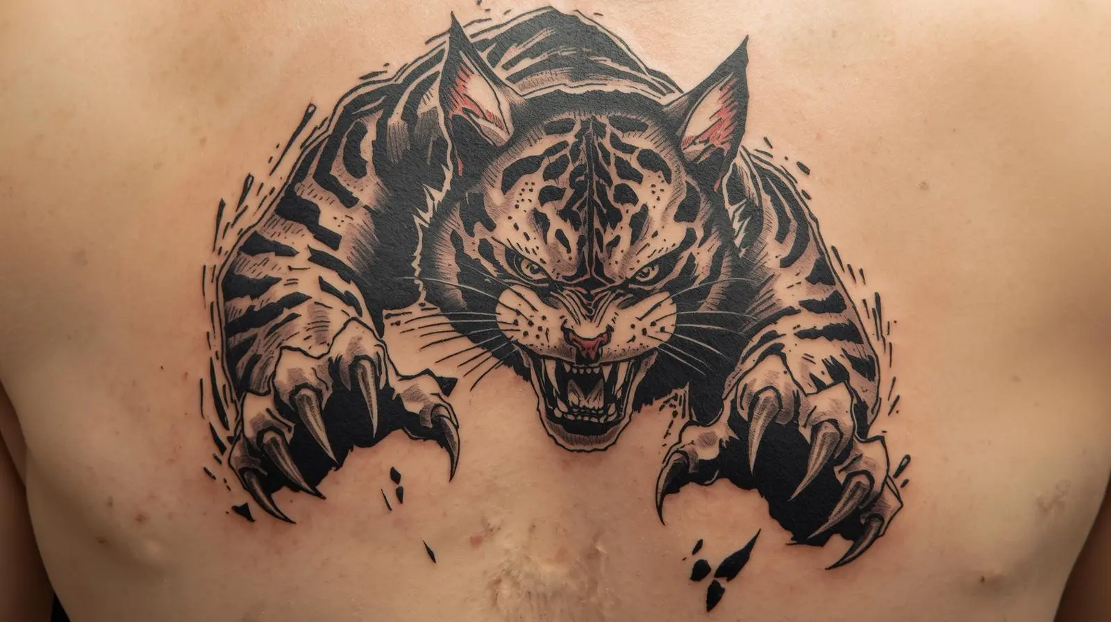 Tatouage chat dans le dos d'un homme, signification, idées et symbole.