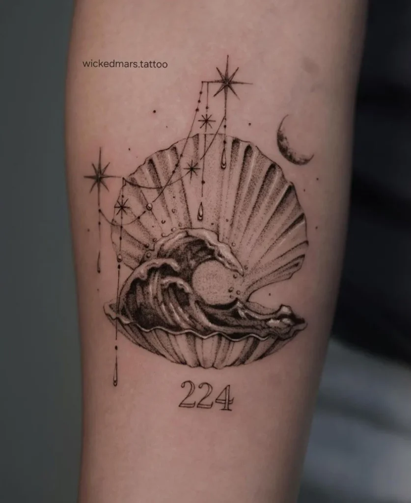 Tatouage coquillage avec une vague 