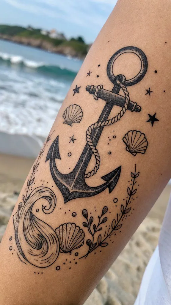 Tatouage ancre marine avec un coquillage