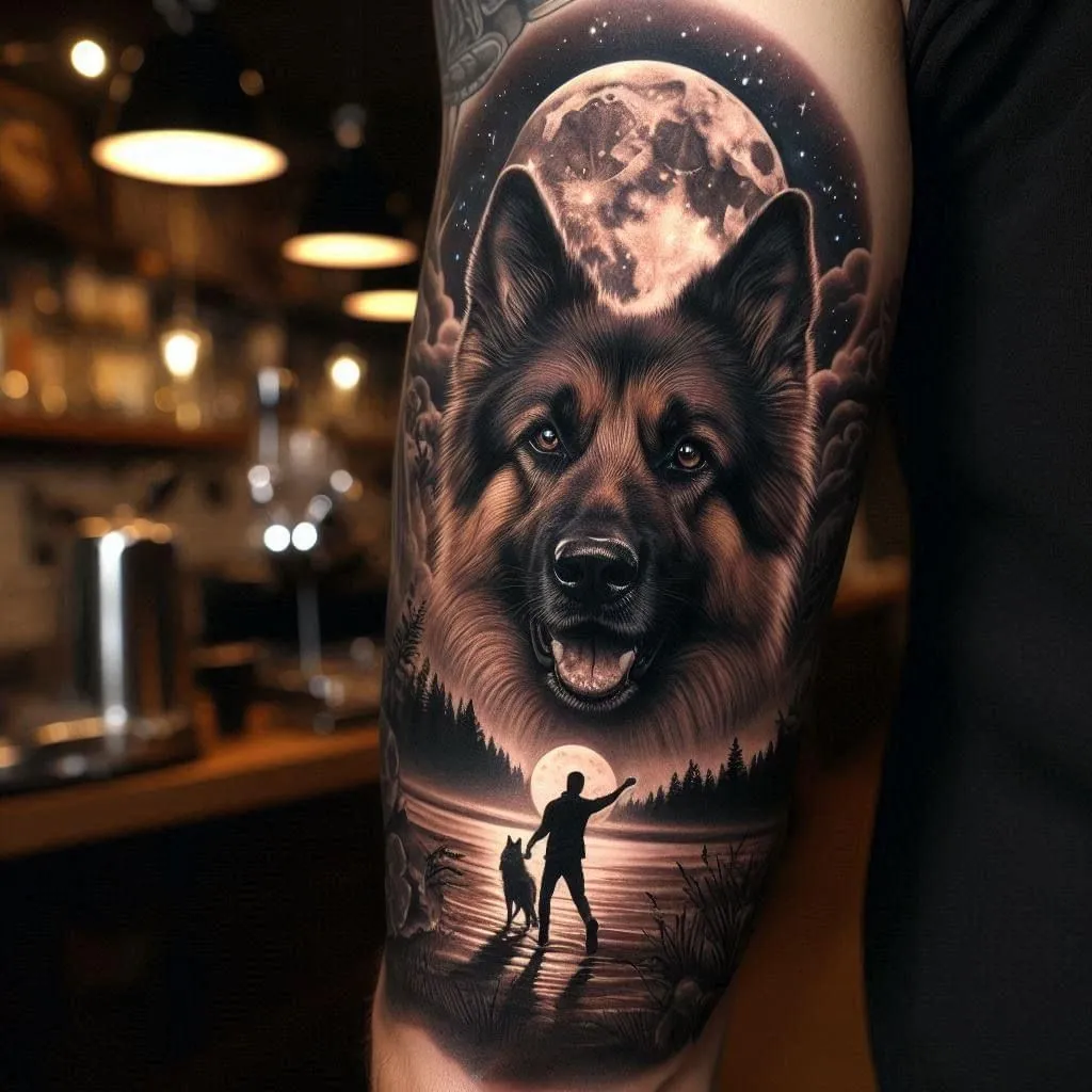 Tatouage de chien avec la lune en fond