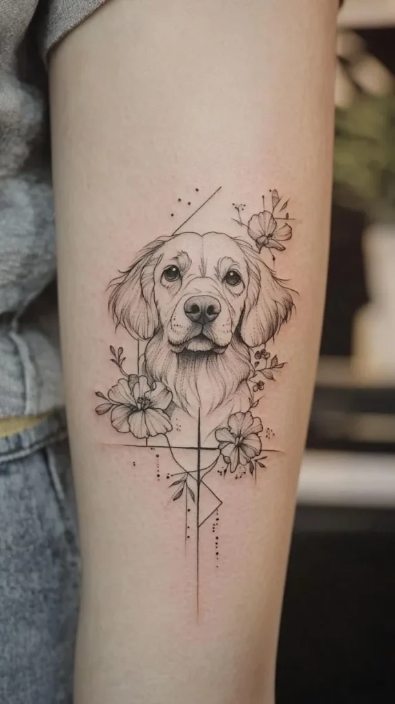 Tatouage de chien avec des fleurs