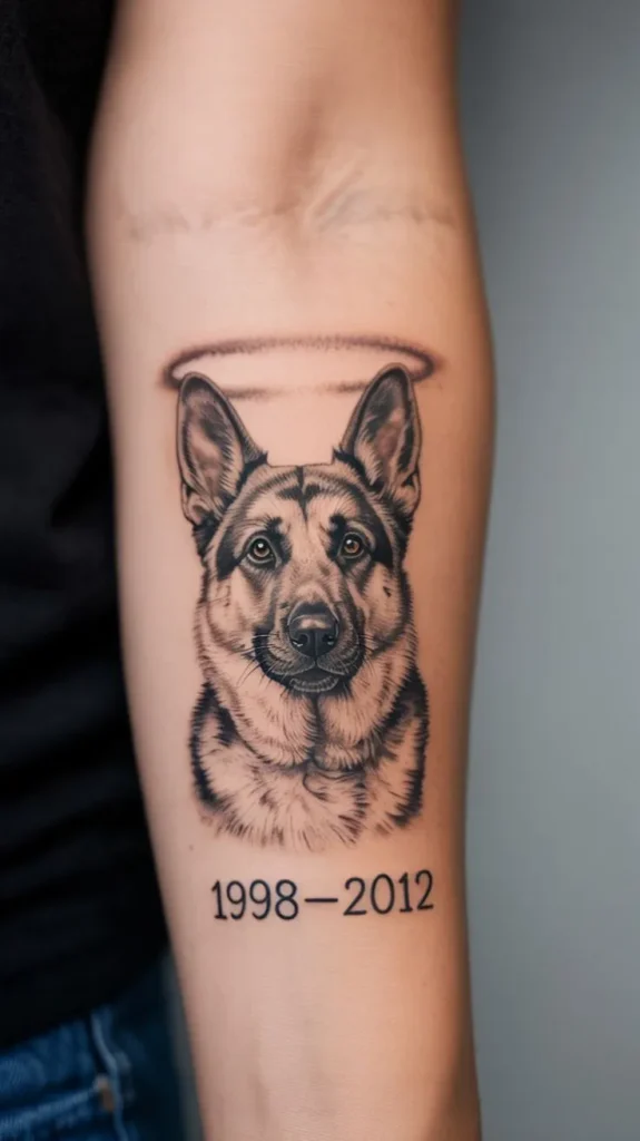 Tatouage de chien avec une auréole, sur l'avant-bras