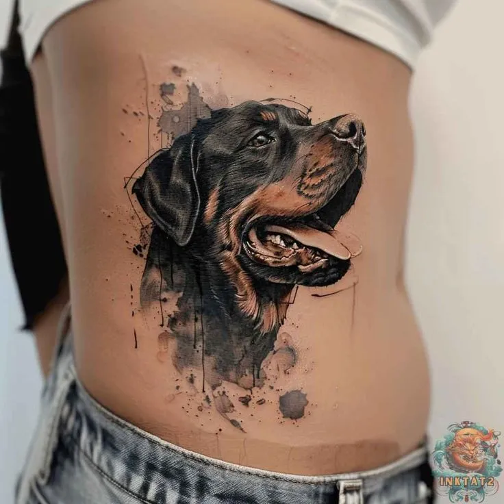 Tatouage de chien sur le ventre d'une femme