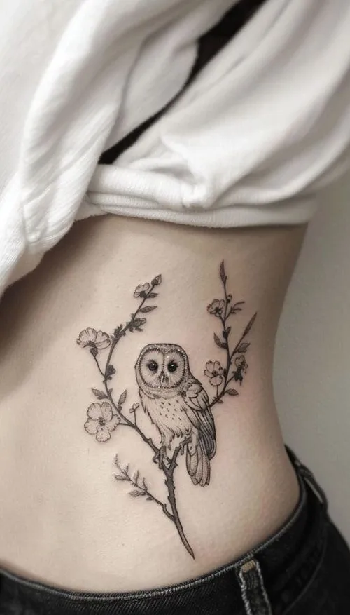 tatouage de chouette sur une branche d'arbre, femme