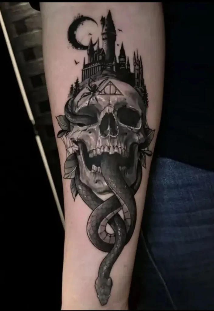 Tatouage de crâne avec un château au dessus, sur le bras