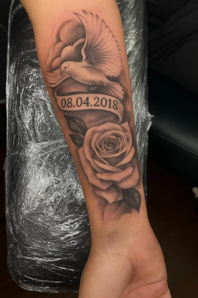 Tatouage symbolique du deuil avec une rose