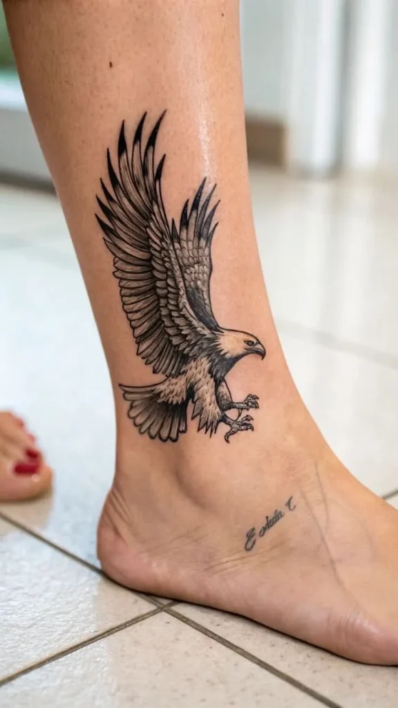 Tatouage de force représenté par un aigle à la cheville d'une femme