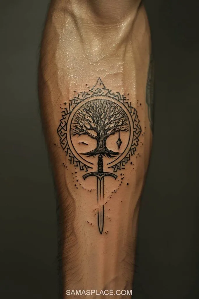 Tatouage d'un arbre et d'une épée, symbole de force et de résilience