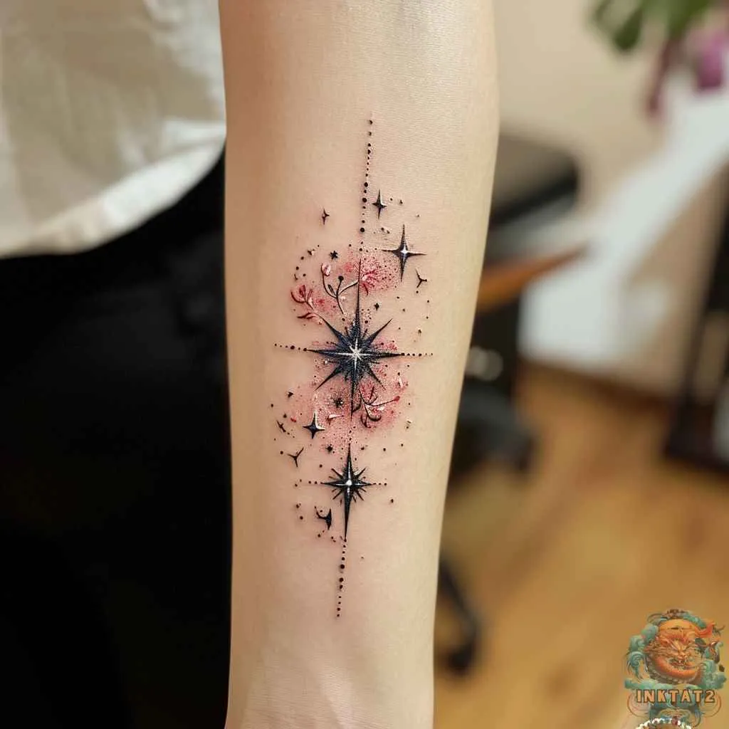 Tatouage d'une étoile filante avec des fleurs rouges