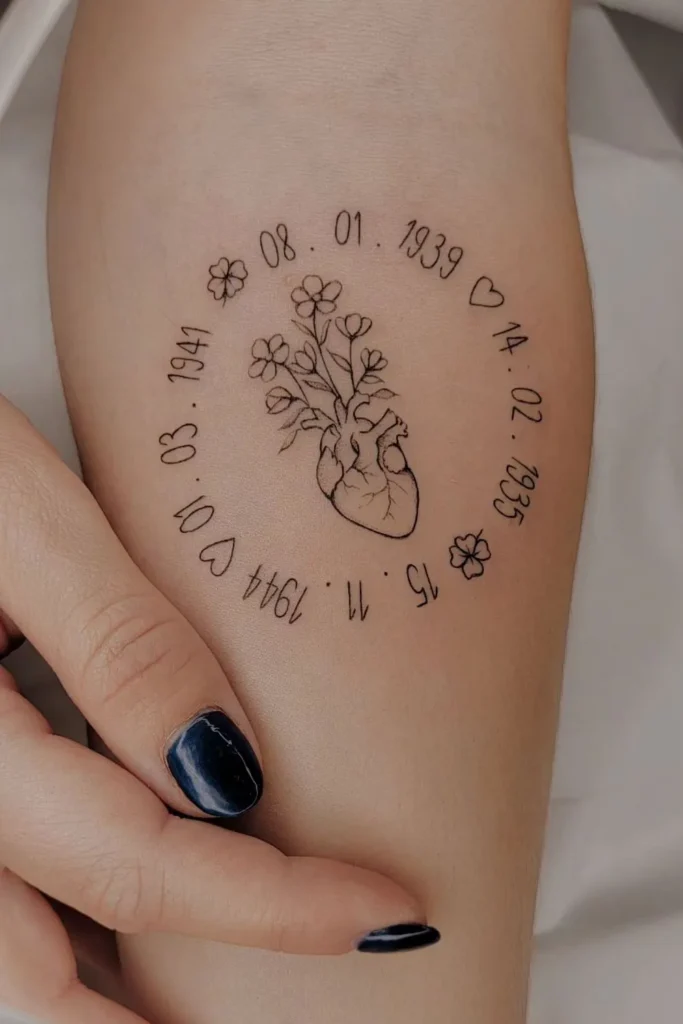 Tatouage familiale minimaliste avec un cœur et des dates de naissances