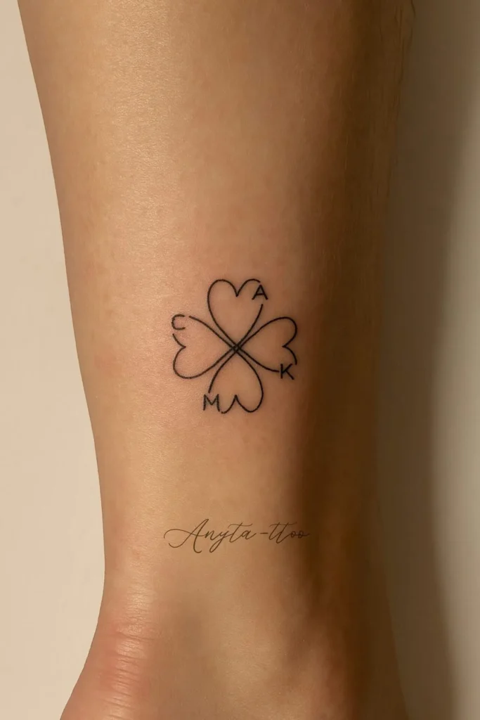 Tatouage en forme de trèfle à quatre feuilles représentant quatre personnes de la même famille