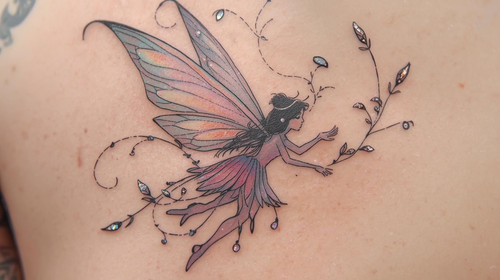 Tatouage fée sur le dos.