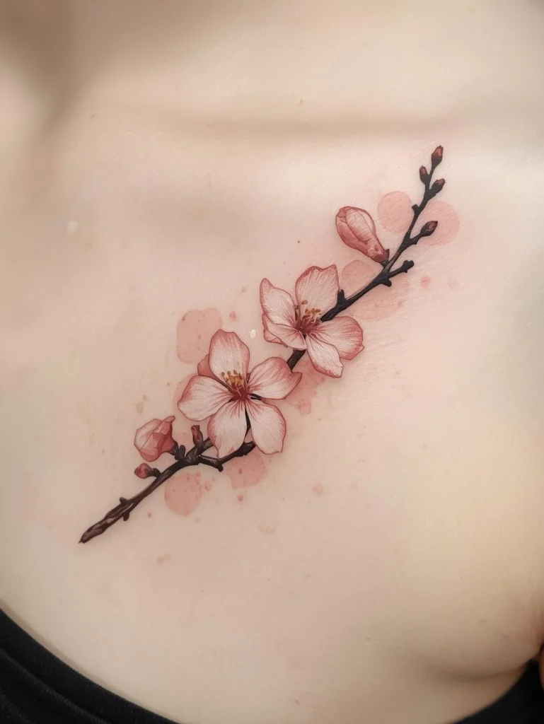 Fleur de cerisier tatouage proche de la clavicule