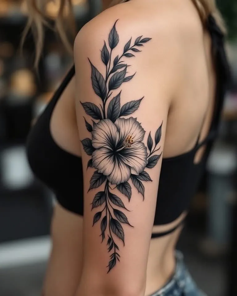 Tatouage fleur de tiaré sur le bras d'une femme