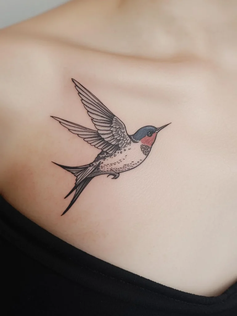 Tatouage d'une hirondelle sur la poitrine femme