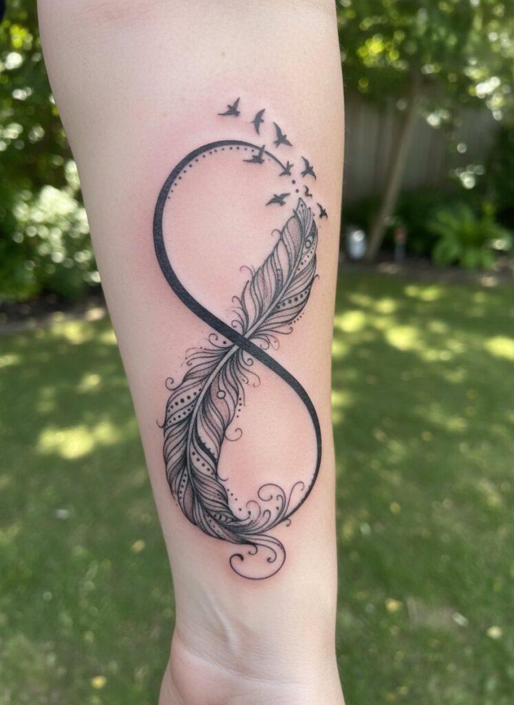tatouage infini plume avec des oiseaux