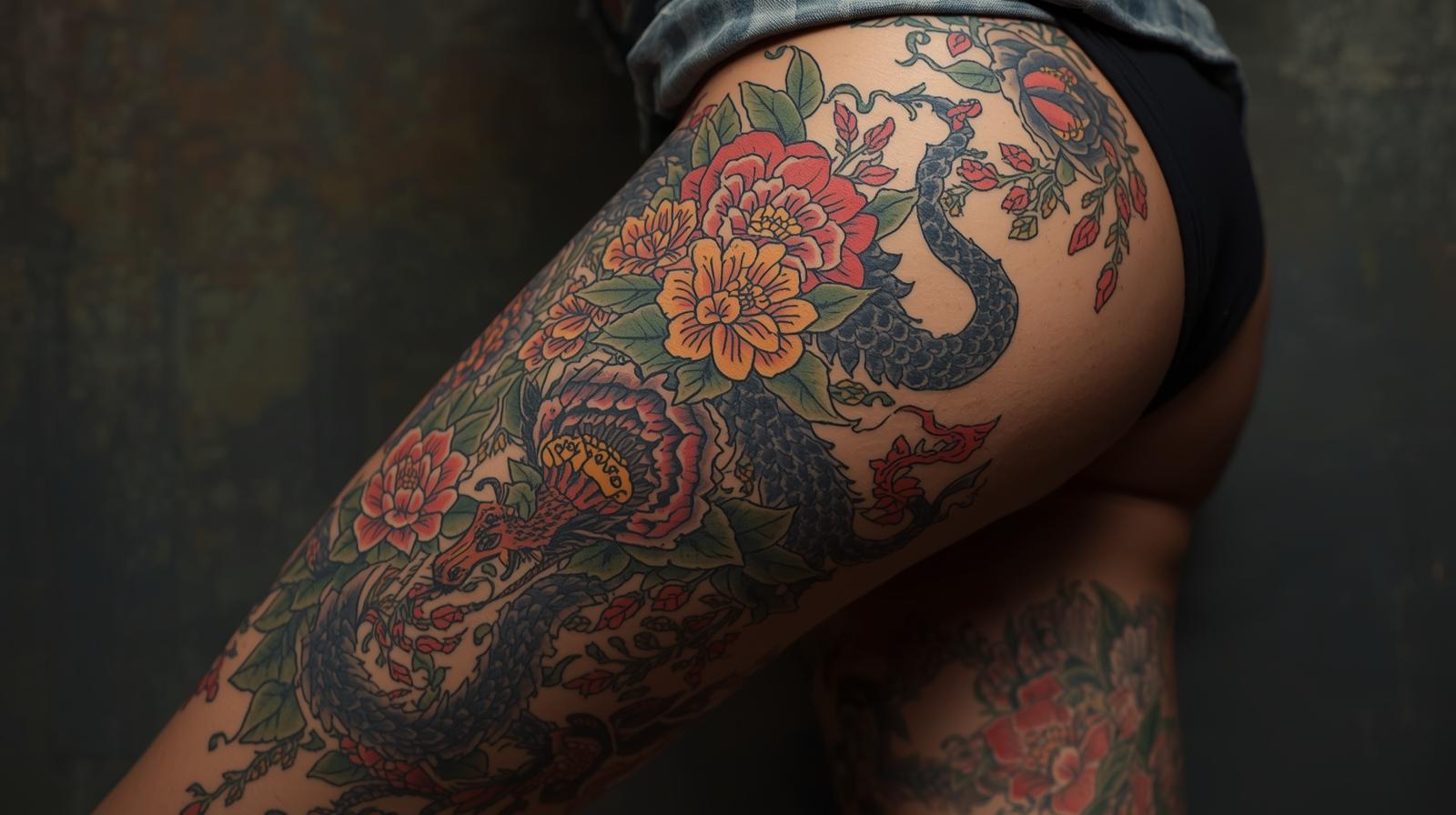 Tatouage japonais sur la jambe.