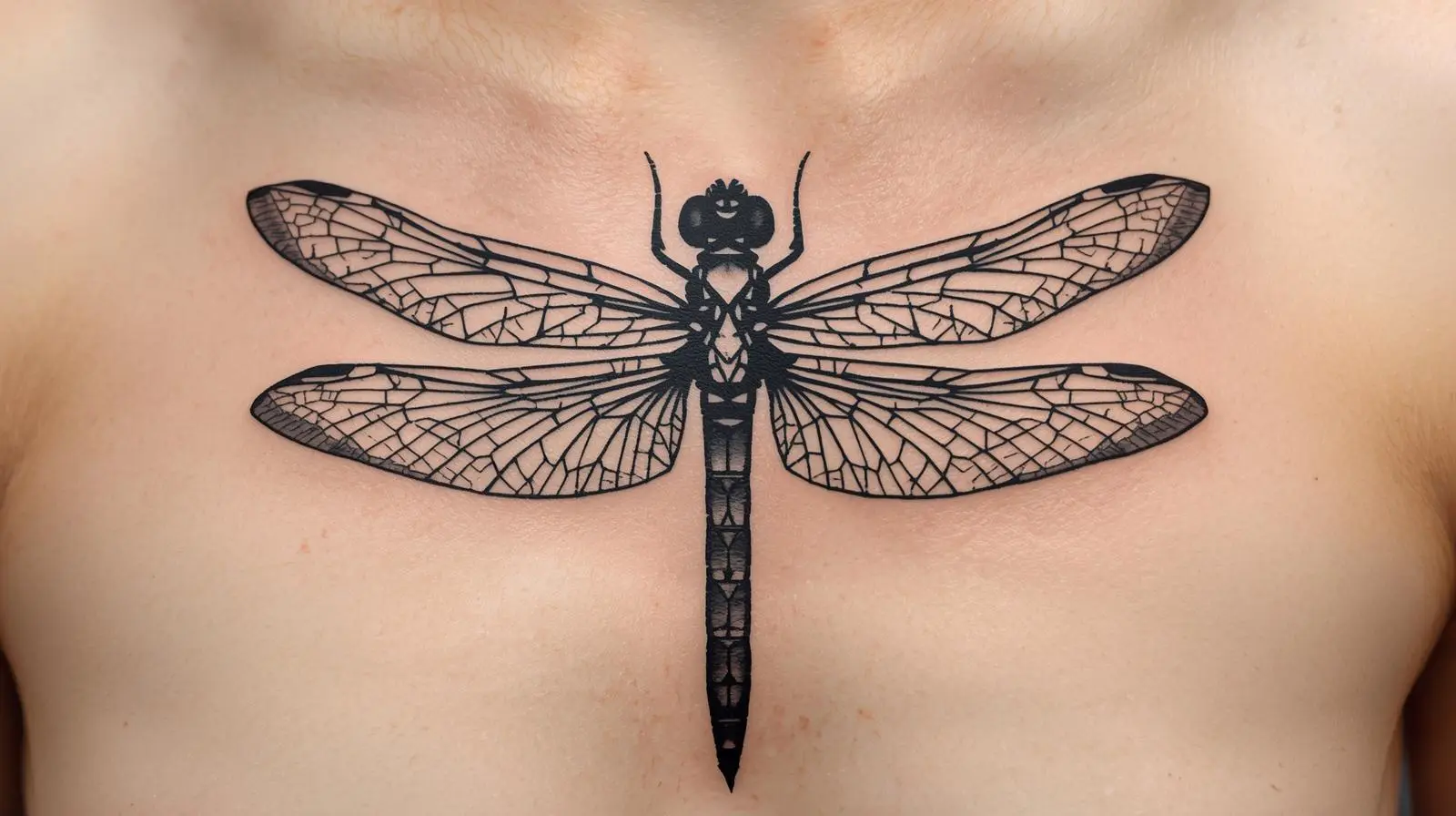 Tatouage libellule au dessus de la poitrine d'une femme