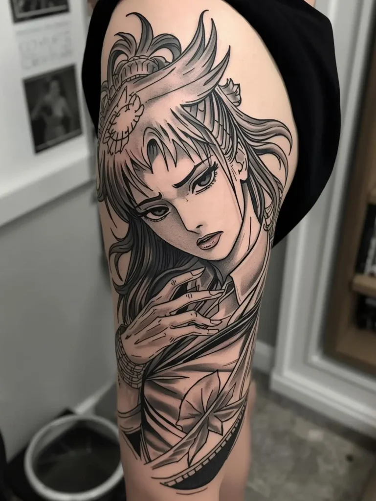 Tatouage manga féminin sur la cuisse