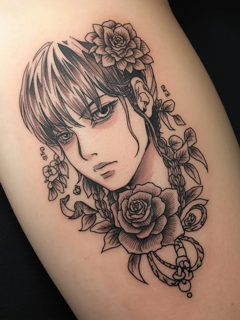 Tatouage style manga avec des roses