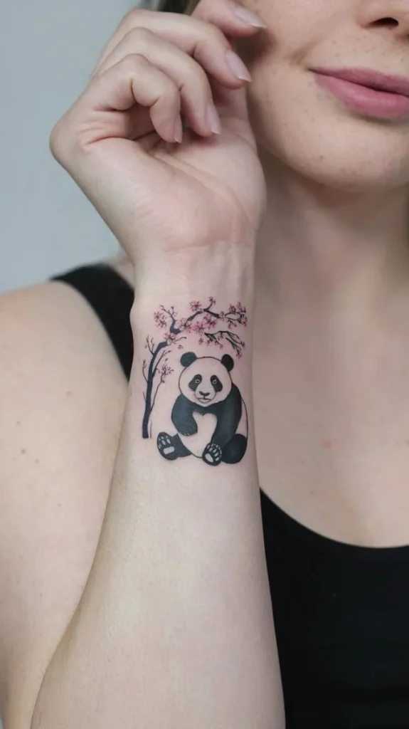 Tatouage panda au poignet d'une femme