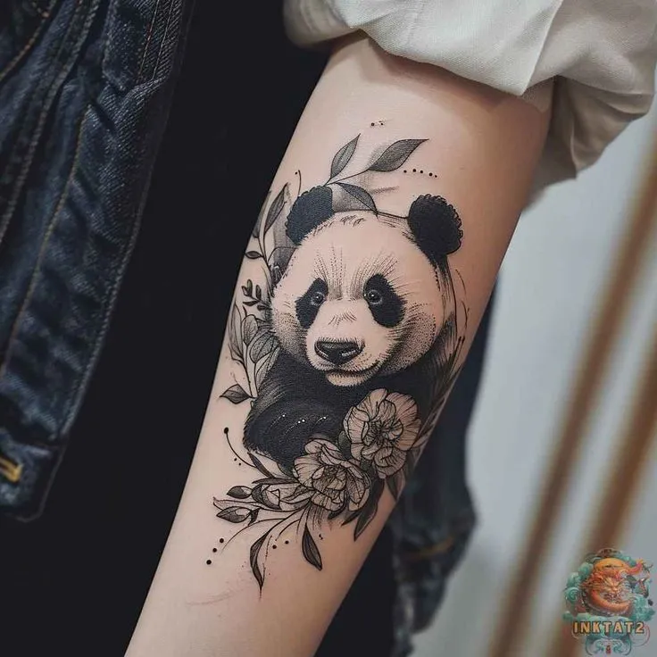 Tatouage de panda avec des fleurs sur le bras d'une femme