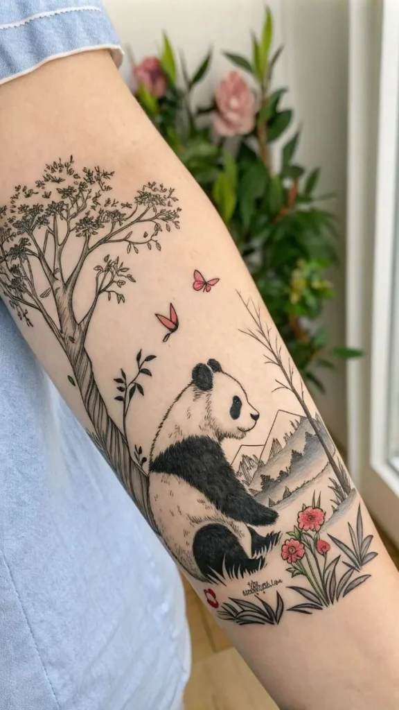 Tatouage d'un panda assis sous un arbre
