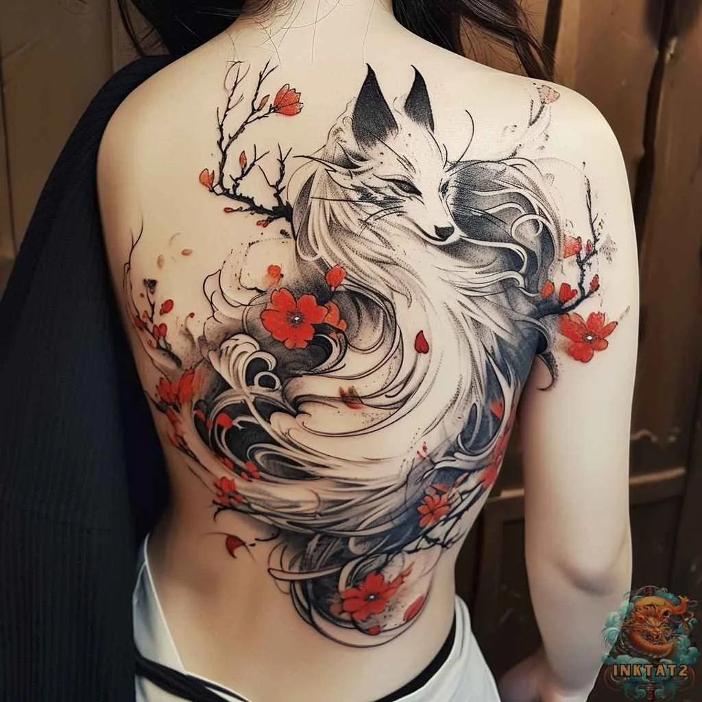 Tatouage renard avec fleur de cerisier