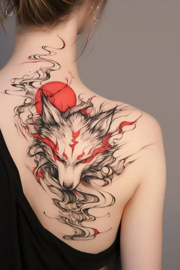 tatouage renard ombragé avec une lune colorée en rouge