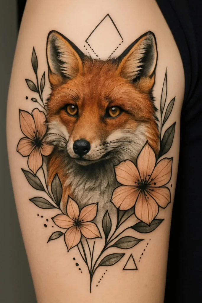 Tatouage de renard avec des fleurs