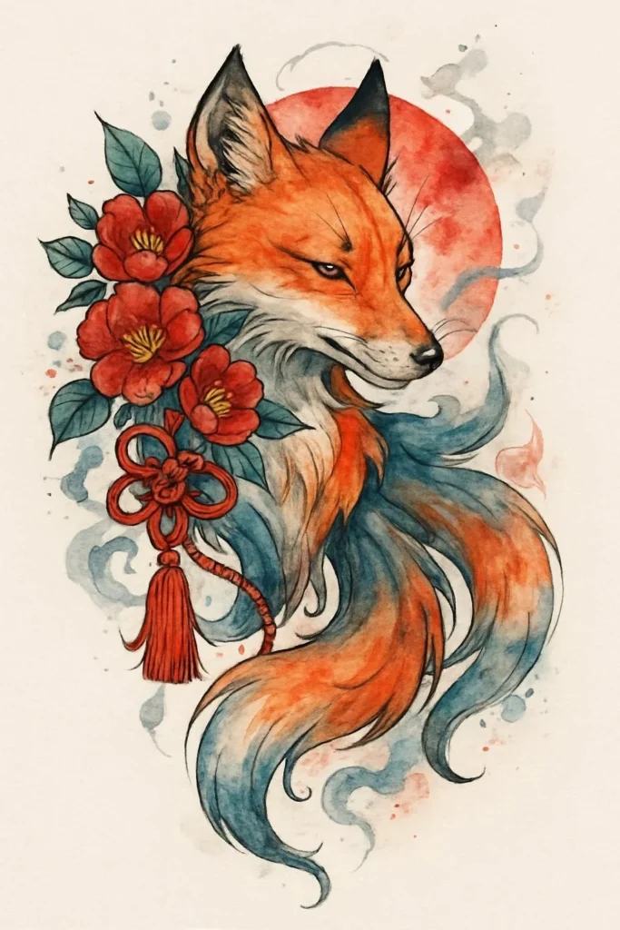 Dessin de renard avec lune style japonais