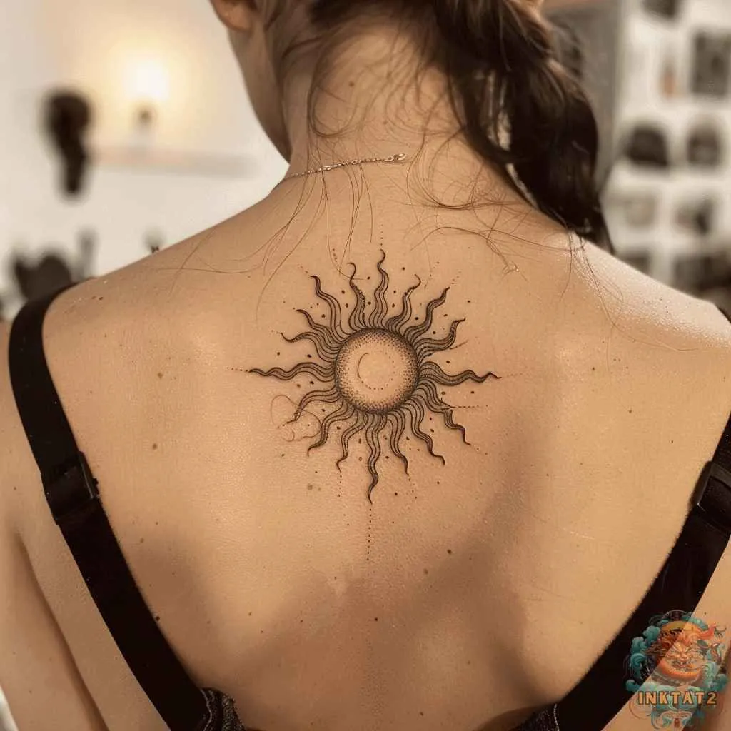 Tatouage d'un soleil dans le dos d'une femme