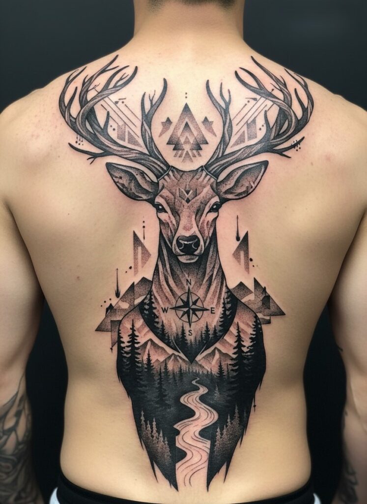 tatouage cerf dans le dos d'un homme avec des motifs géométriques