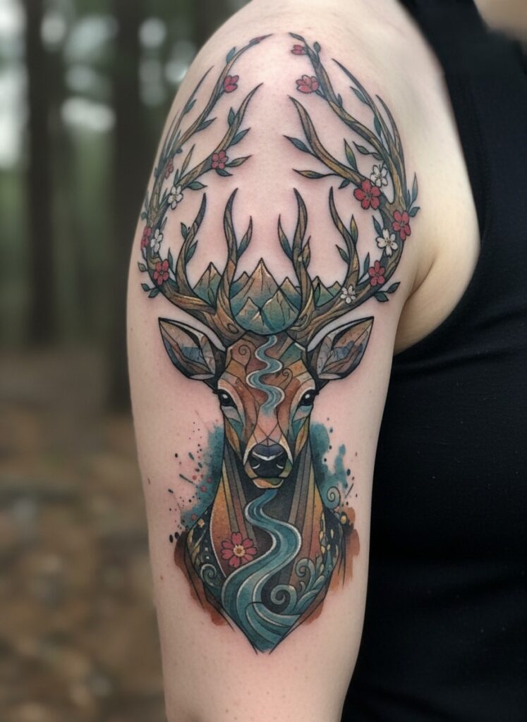 Tatouage cerf coloré avec des fleurs