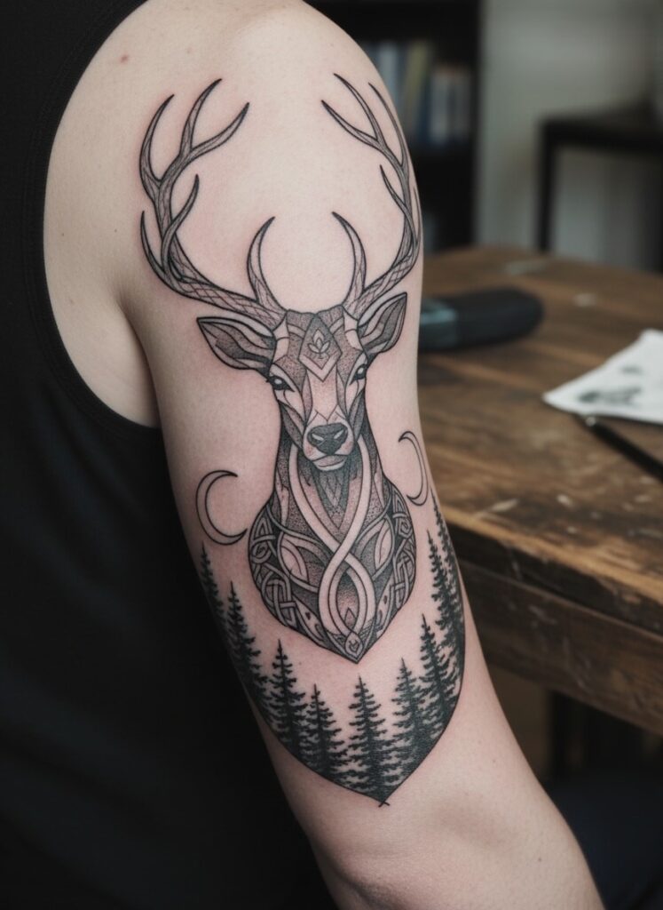 Tatouage cerf style géométrique avec des arbres