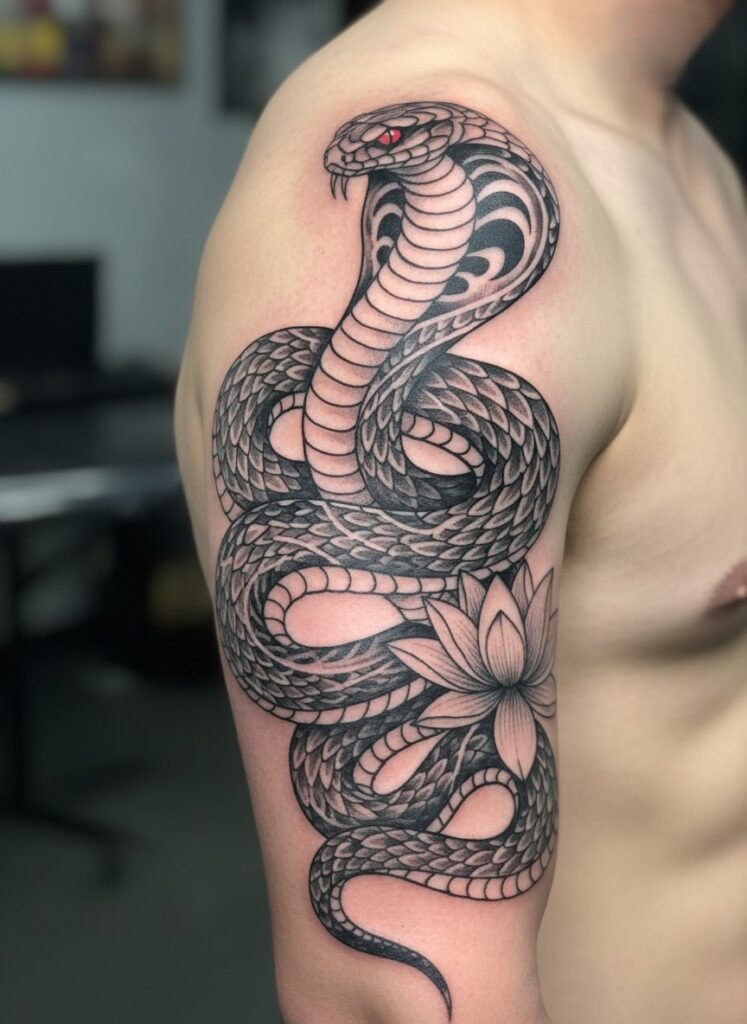 Tatouage d'un cobra avec une fleur