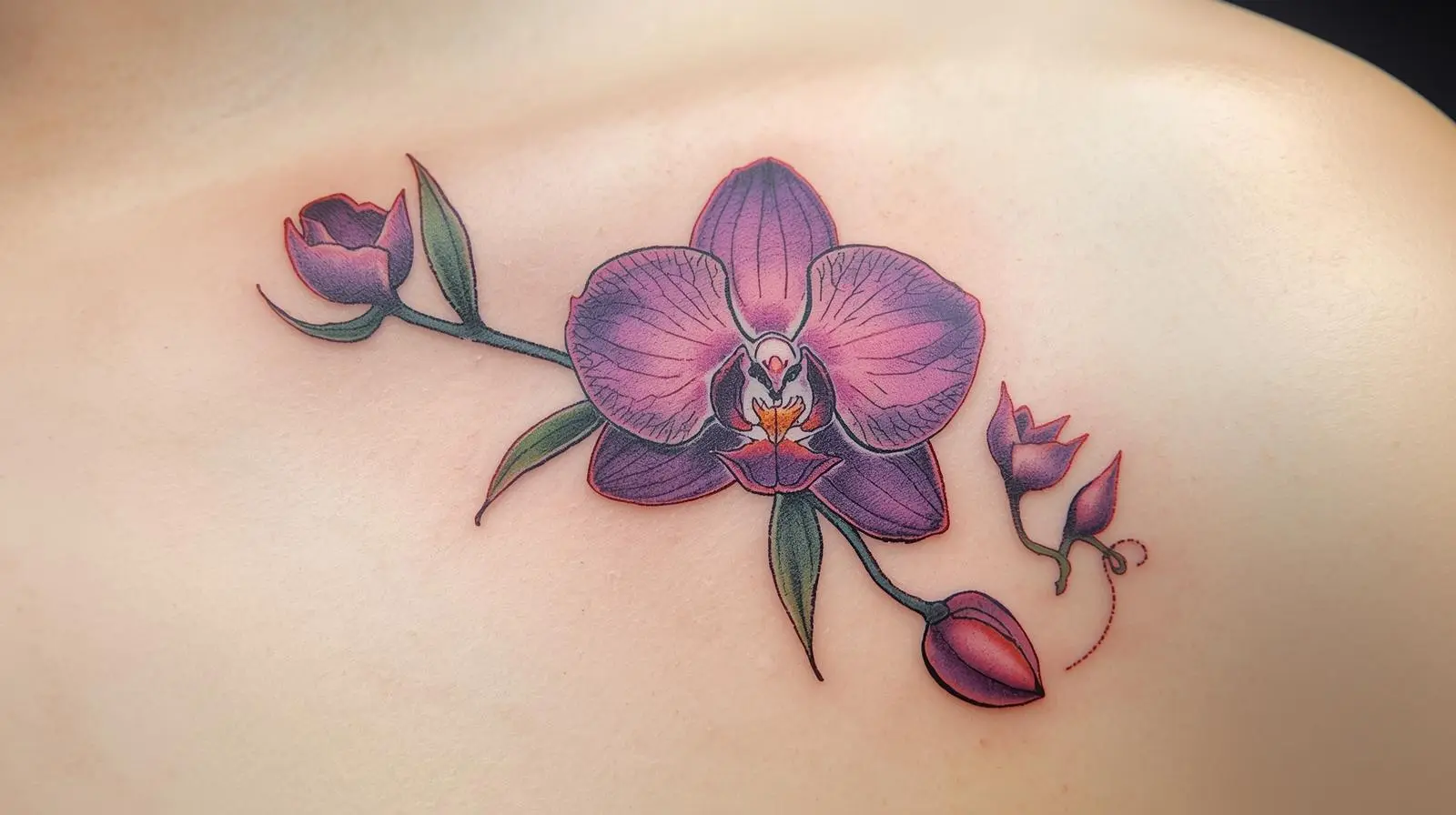 Tatouage orchidée colorée, symbole de beauté